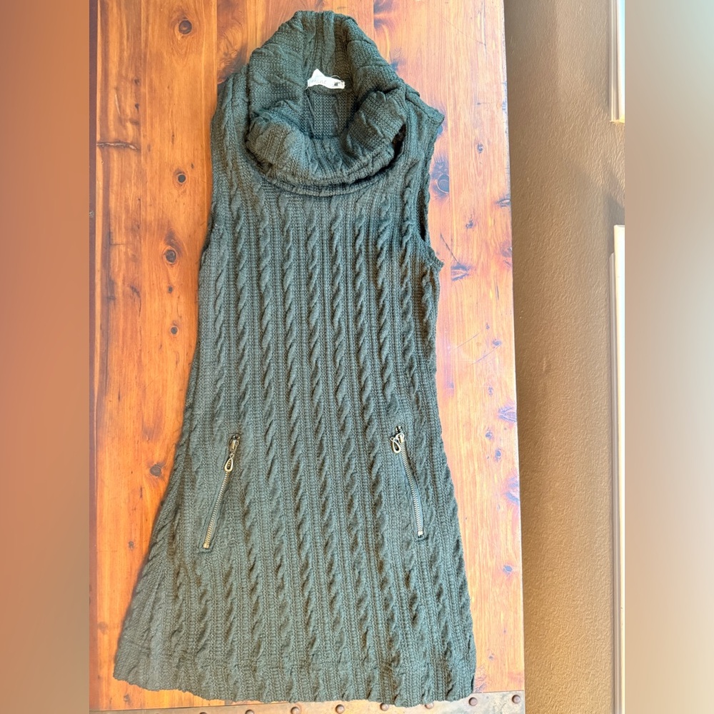 mine Olive Green Cable Knit Sleeveless Cowl Neck Sweater Dress
